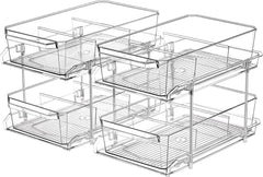 2 Set, 2 Tier Clear Organizer with Dividers for Cabinet, Shlef, Counter - Multiuse Slide-Out Storage Container - Kitchen, Pantry, Medicine Cupboard Bins, Bathroom, Vanity Makeup, under Sink Organizing
