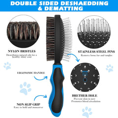 2PCS Dog Grooming Tools - Double-Sided Bath Brush for Shedding and Bathing, Suitable for Short/Long Haired Dogs, Premium Pet Supplies (Black Blue)