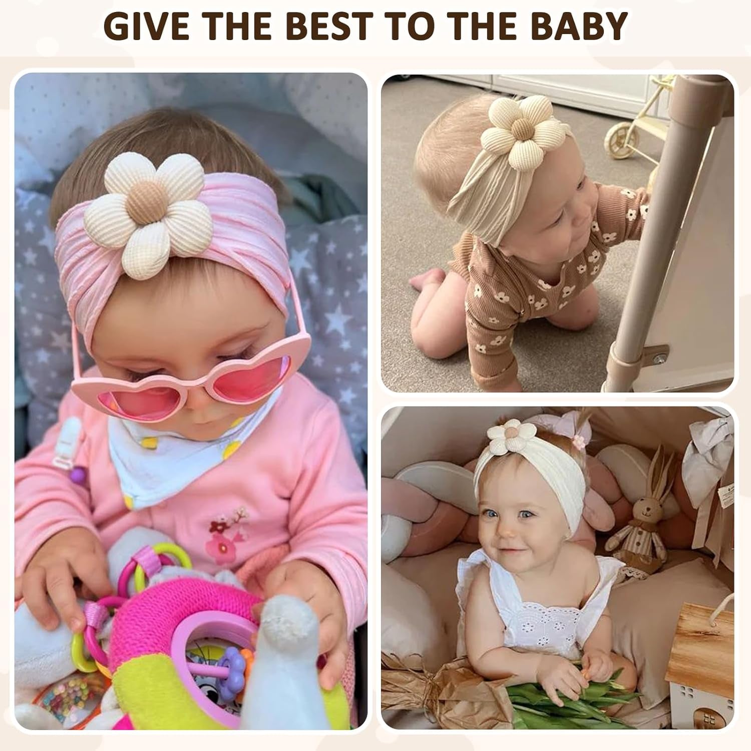 3 Pcs Baby Flower Headbands Baby Girls Nylon Headband Soft Hairbands Hair Accessories for Newborn Infant Toddler Kids (Beige Pink Khaki)