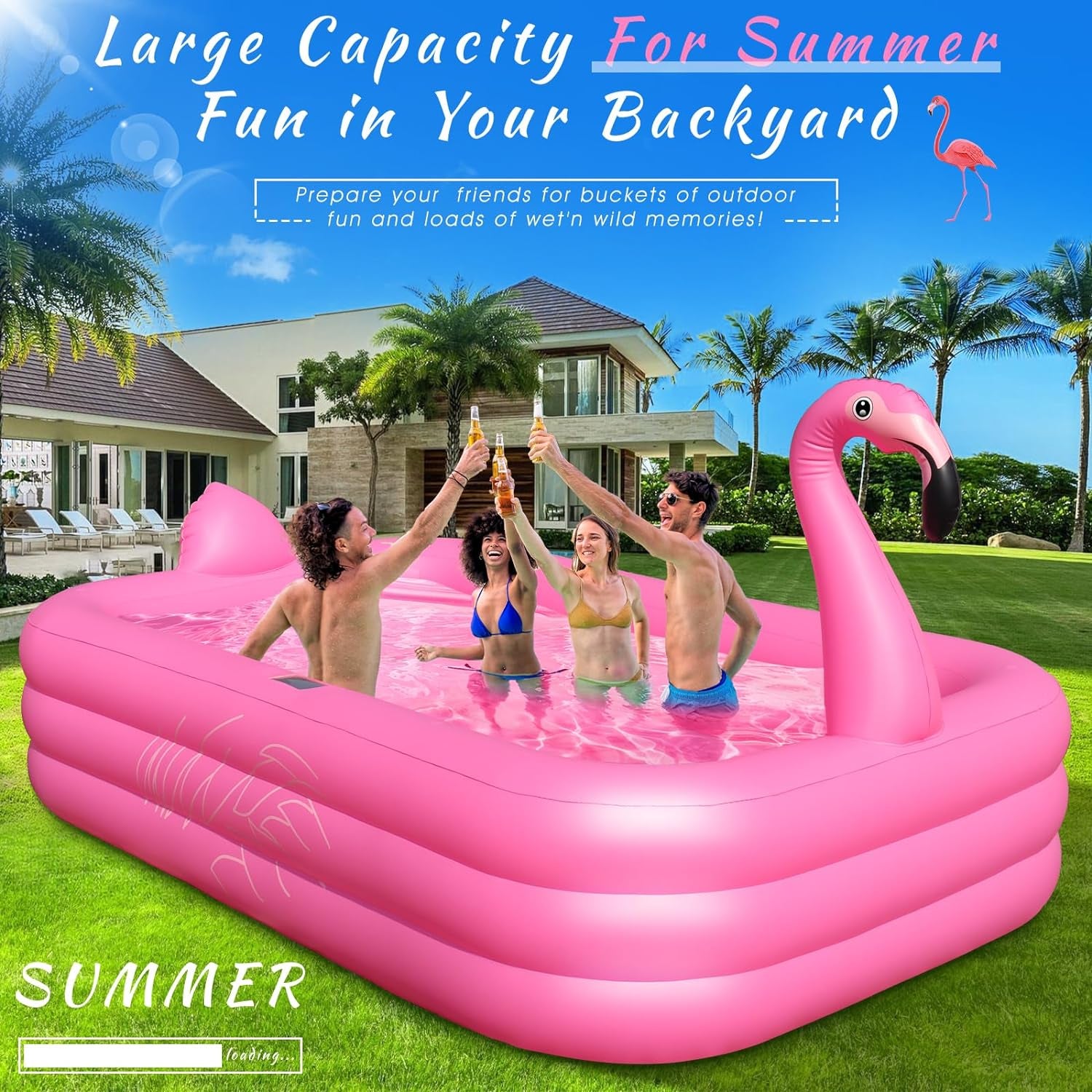 Inflatable Pool with Lights, Solar Flamingo Swimming Pool for Kids,Adults Inflatable Blow up Pool, Large Kiddie Pool, Durable Thickened Inflatable Family Pool for Backyard,Outdoor,105"X65"X25"