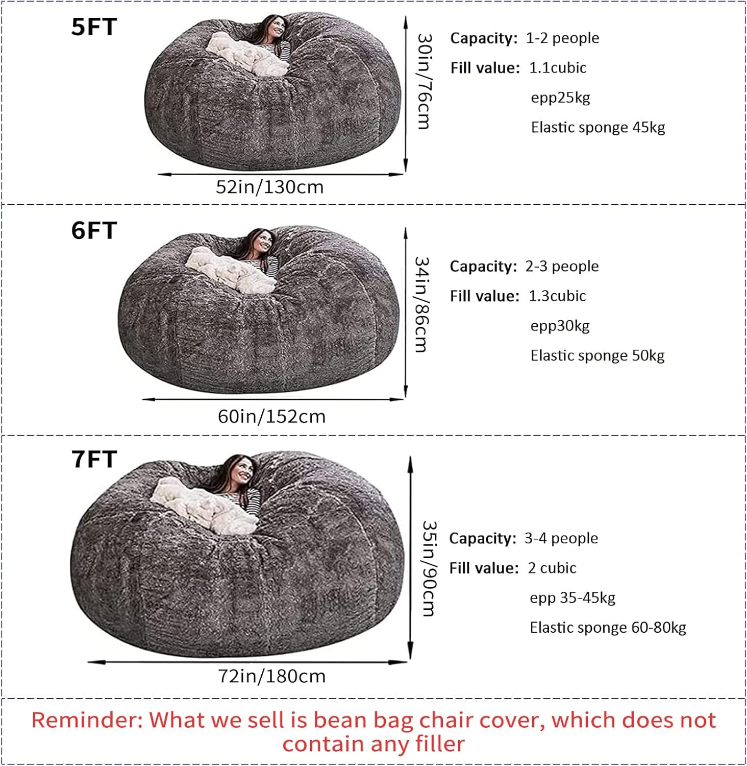 Giant Fur Bean Bag Chair Cover for Kids Adults, (No Filler) Living Room Furniture Big round Soft Fluffy Faux Fur Beanbag Lazy Sofa Bed Cover (Snow Red, 5FT)