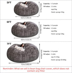 Giant Fur Bean Bag Chair Cover for Kids Adults, (No Filler) Living Room Furniture Big round Soft Fluffy Faux Fur Beanbag Lazy Sofa Bed Cover (Snow Red, 5FT)