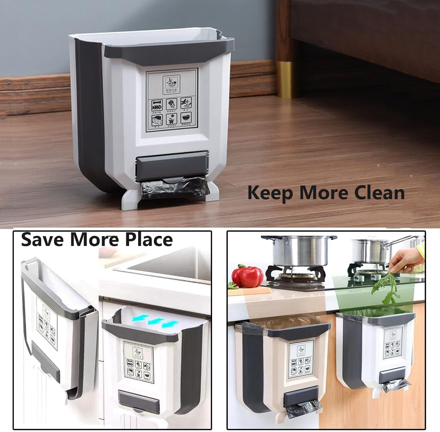 Hanging Kitchen Trash Can, Foldable Waste Bin for Kitchen, Collapsible Hang Small Plastic Garbage Can 2.4 Gallon for Cabinet/Car/Bedroom/Bathroom (White)