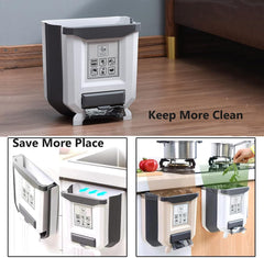 Hanging Kitchen Trash Can, Foldable Waste Bin for Kitchen, Collapsible Hang Small Plastic Garbage Can 2.4 Gallon for Cabinet/Car/Bedroom/Bathroom (White)