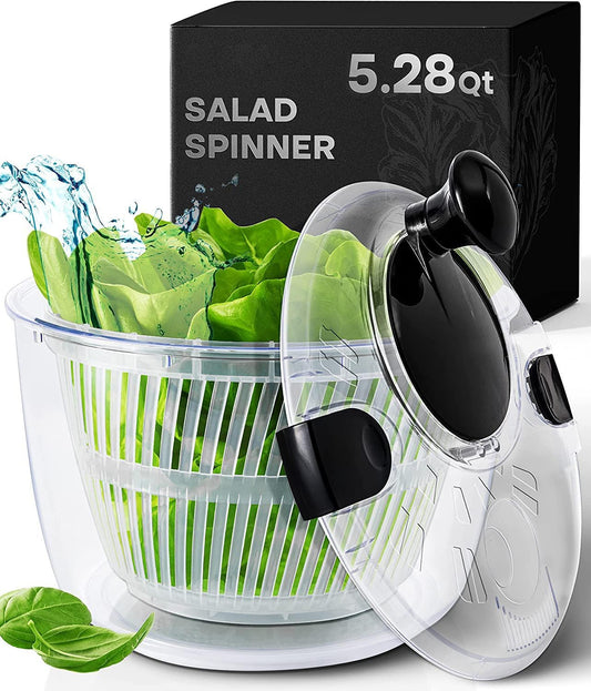 Large Salad Spinner with Drain, Bowl, and Colander - Quick and Easy Multi-Use Lettuce Spinner, Vegetable Dryer, Fruit Washer, Pasta and Fries Spinner - 5.28 Qt
