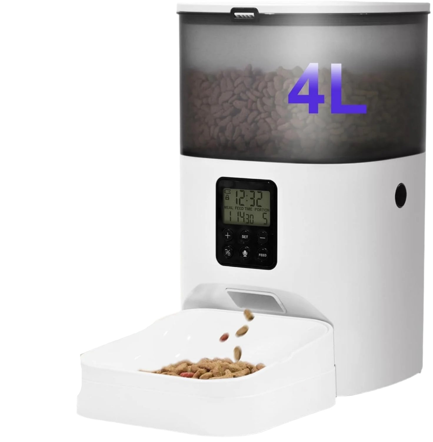 Automatic Cat Feeder, 4L Cat Food Dispenser with 10S Voice Recorder, Pet Feeder up to 8 Meals per Day, Timed Cat Feeder with Dry Food Sealed Ring (White, 4L-Basic)