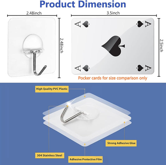 Wall Hooks 13Lb(Max) Transparent Seamless Coat Hooks,Waterproof and Oilproof,Bathroom Kitchen Heavy Duty Self Adhesive Hooks,8 Pack