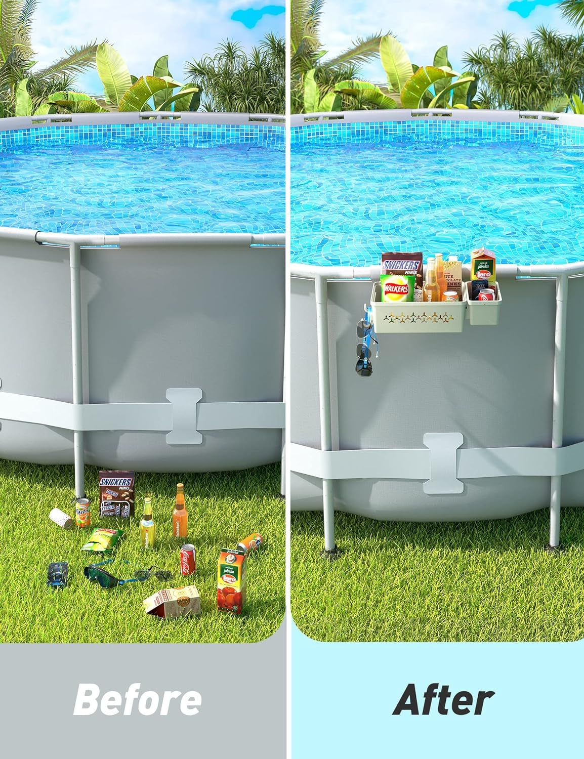 [PATENTED]  2025 Upgrade 2 Sets Poolside Storage Basket - Original above Ground Pool Accessories, Swimming Pool Storage Basket with Pool Cup Holder, Poolside Storage to Organize Cup Towel