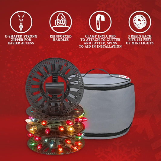 Premium Christmas Light Storage Bag – Heavy Duty Tear Proof 600D/Inside PVC Material with Reinforced Handles - with 3 Reels Stores up to 375 Ft of Mini Christmas Tree Lights & Extension Cords - Gray
