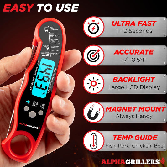 Instant Read Meat Thermometer for Cooking Grilling and Griddle Accessories Kitchen Essentials - Waterproof Backlight & Calibration