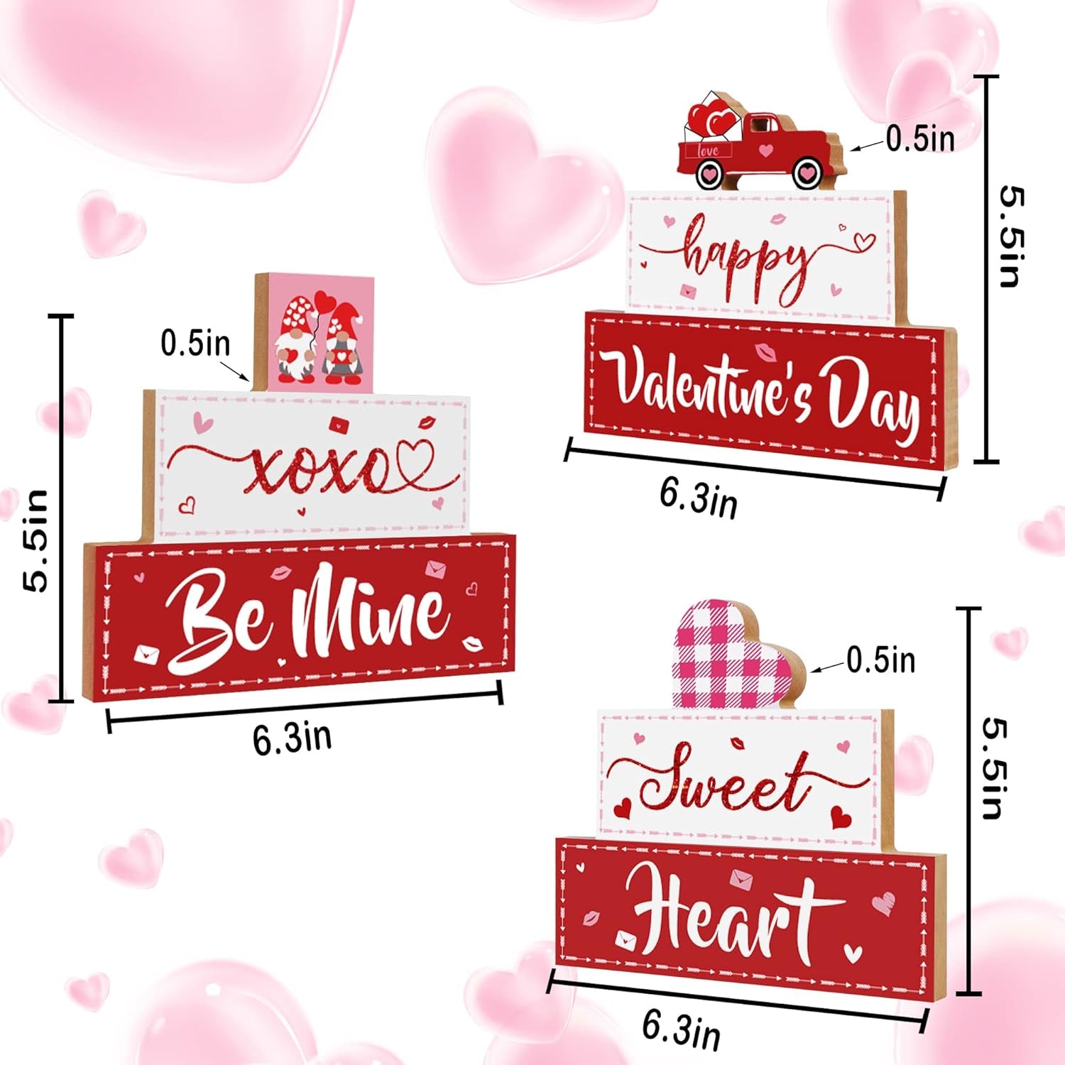 3 PCS Valentine'S Day Wooden Sign Table Decor, Happy Valentine'S Tabletop Centerpiece XOXO Be Mine Valentine Decorations for Tables, Valentine'S Day Presents Wood Love Heart Desk Mantle Shelf Decoration