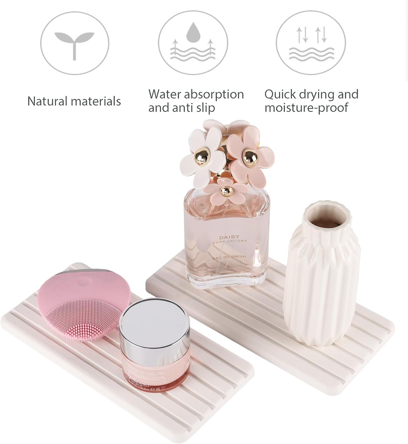 2 PCS Water Absorbent Diatomite Coasters Rectangle, Grooved Design, Water Absorbing Stone Used for Hand Soaps & Plants & Toiletries in the Modern Home