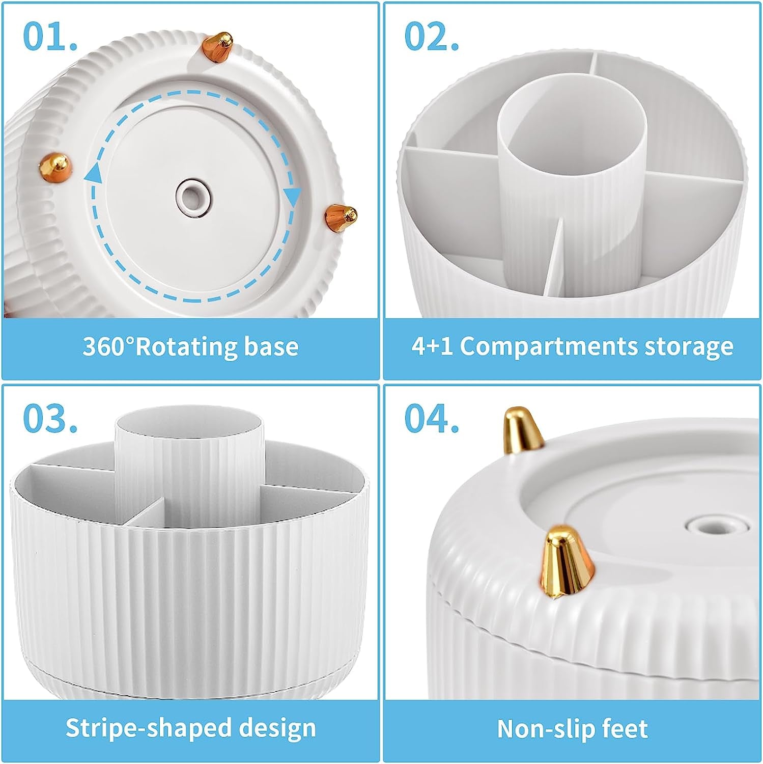 Desk Organizer, 360-Degree Rotating Pen Holder for Desk, Desk Organizers and Accessories with 5 Compartments Pencil Organizer, Art Supply Storage Box Caddy for Office, Home （White）