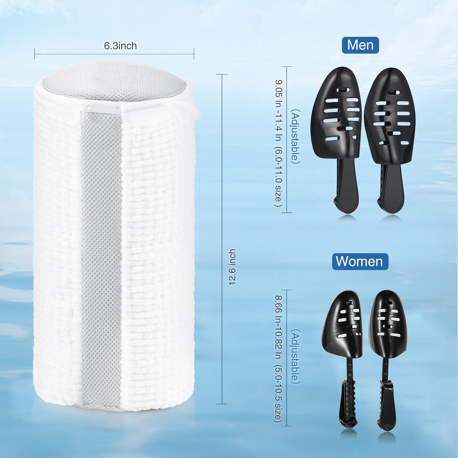 Shoe Washing Bag for Washing Machine, Fluffy Fibers Keep 360° Wrap-Around Cleaning, 2 Pairs Adjustable Shoe Trees, Durable Hidden Zipper Reusable Shoe Laundry Bag for Sneaker Gym Shoes White