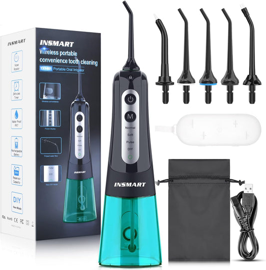 Cordless Water Dental Flosser Teeth Cleaner with Tips Case,  Professional 300ML Tank DIY Mode USB Rechargeable Oral Irrigator for Home and Travel, IPX7 Waterproof 4 Modes Irrigate for Oral Care