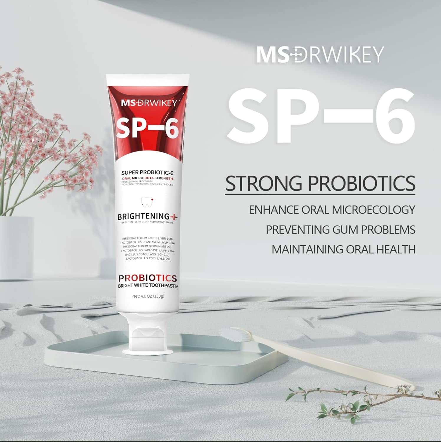 SP-6 Probiotic Whitening Toothpaste – Advanced Formula for Whiter Teeth & Healthier Gums | Enamel-Safe | Fluoride-Free | Fresh Mint | 4.6oz