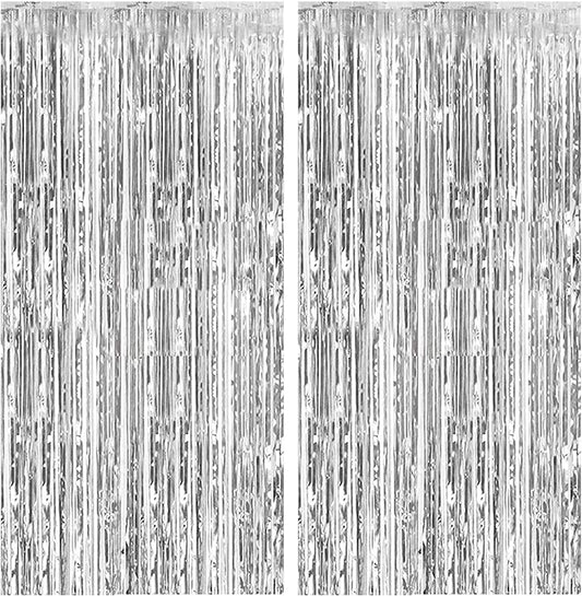 2 Pack Foil Curtain Backdrop Silver Metallic Tinsel Foil Fringe Curtains Photo Booth Props for Birthday Wedding Engagement Baby Shower Bachelorette Christmas Holiday Celebration Party Decorations
