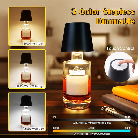 Wireless Bottle Lamp,Metal Wine Bottle Light with 3 Color Light Dimming, Waterproof Bottle Touch Lamp Head for Room, Bar, Restaurants, Party, Decor & Gifts (Black)