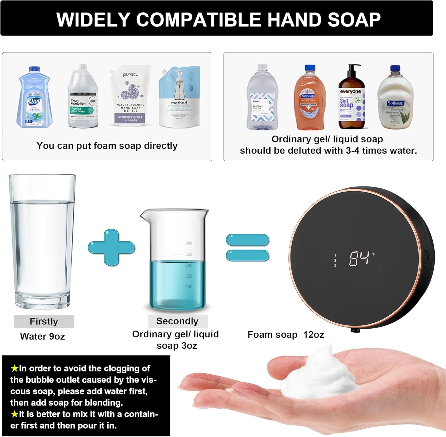 Automatic Soap Dispenser Touchless Auto Foaming Hands Free Wall Mount Foam Hand Soap Dispenser Electric Plastic Modern Rechargeable Smart Dish Soap Dispenser for Bathroom Kitchen Black