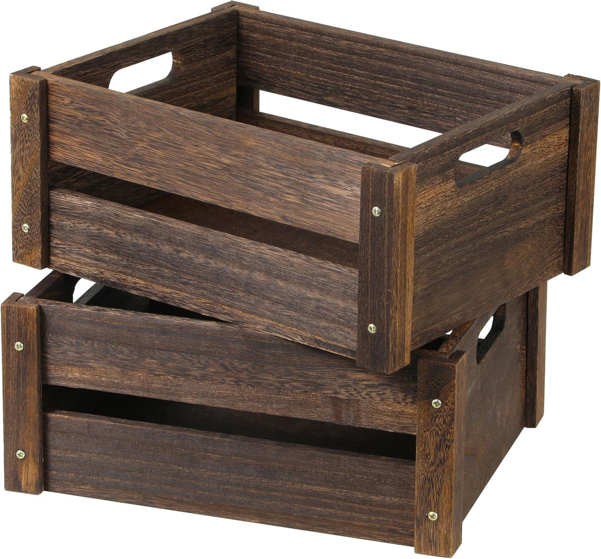 Wooden Crates, Farmhouse Wooden Crates for Storage, Rustic Handmade Wood Crate with Handles, Durable Wooden Crates for Display, Medium Wooden Crate Box, Wooden Crates for Decor, 2 Pack, Brown