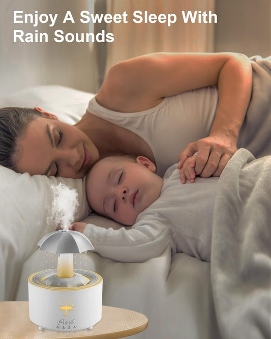 Rain Umbrella Humidifier & Aroma Diffuser with Soothing Rain Sounds, Water Drip Effect, 7 Colors Mood Light, Timer and Auto-Off, Ideal for Relaxation, Sleep, Home, Bedroom, Desk(White)