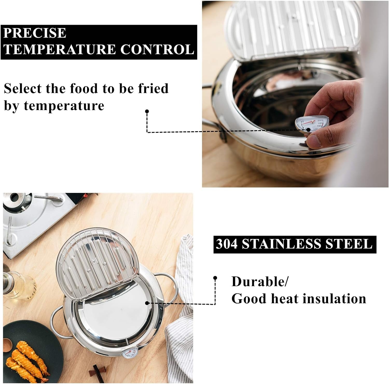 Deep Fryer Pot 304 Stainless Steel, 3.4L Frying Chicken Pot with Thermometer Control and Lid, Japanese Style Tempura Fryer Pot