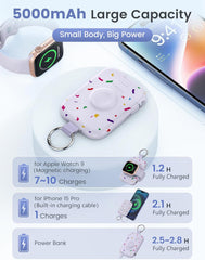Glam 3-in-1 Portable Charger, 5000Mah Portable Charger Power Bank with Built-In Cables, Travel Keychain Battery Pack for Apple Watch Ultra/11/10/9/8/7/6/Se, Iphone Air/17/16/15/14/13/12, Confetti-Purple