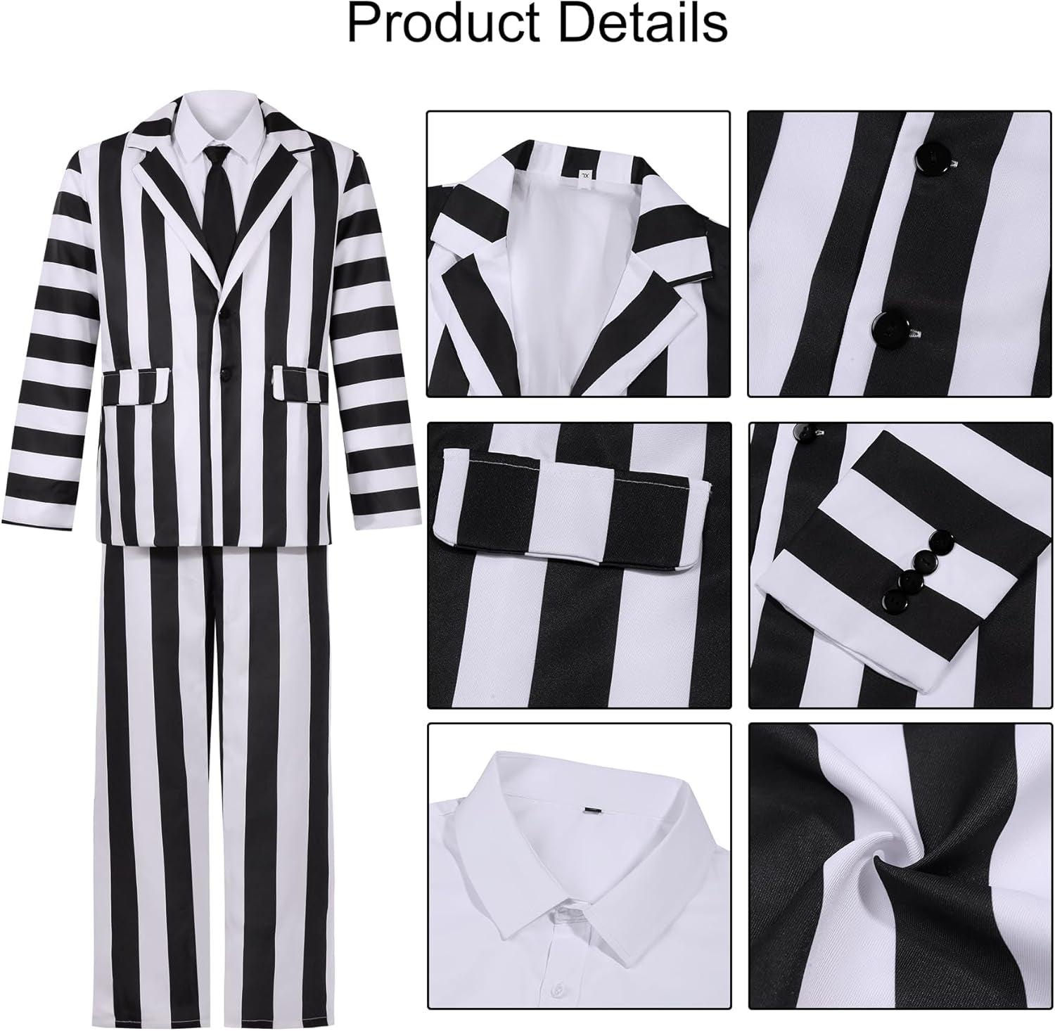 8 Pcs Beetle Movie Juice Costume Men Black and White Striped Suit Adult Horror Comedy Character Cosplay Outfit with Wig