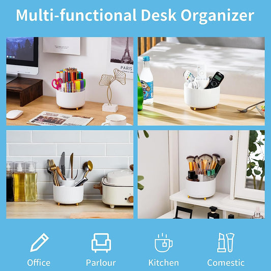 Desk Organizer, 360-Degree Rotating Pen Holder for Desk, Desk Organizers and Accessories with 5 Compartments Pencil Organizer, Art Supply Storage Box Caddy for Office, Home （White）