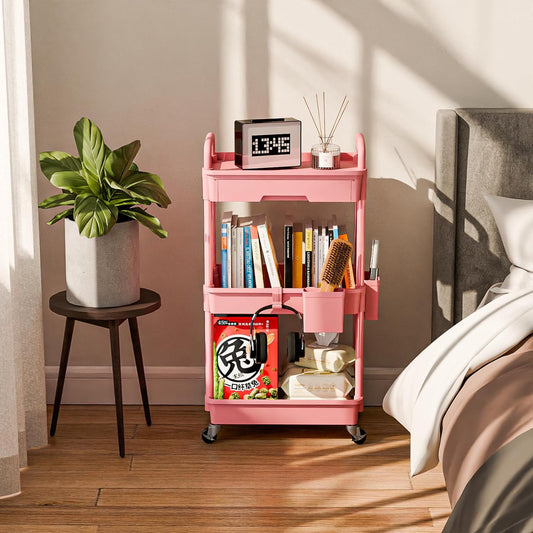 3 Tier Rolling Cart Organizer,Laundry Room Bathroom Organizers and Storage Office Shelves Mobile Shelving Unit Kitchen Trolley Cart with Wheels for Art,Craft,Diaper,Bedside,Snack(Pink)
