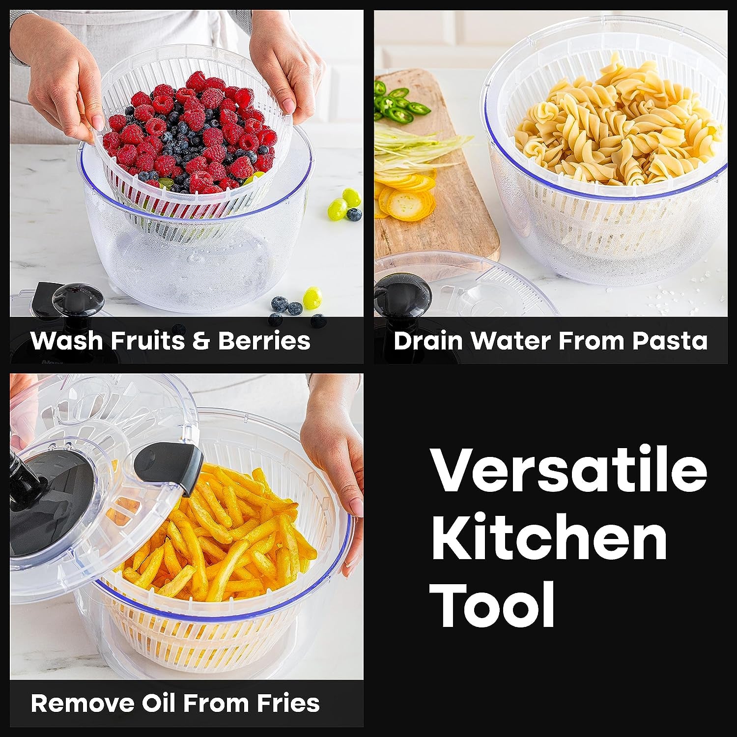 Large Salad Spinner with Drain, Bowl, and Colander - Quick and Easy Multi-Use Lettuce Spinner, Vegetable Dryer, Fruit Washer, Pasta and Fries Spinner - 5.28 Qt