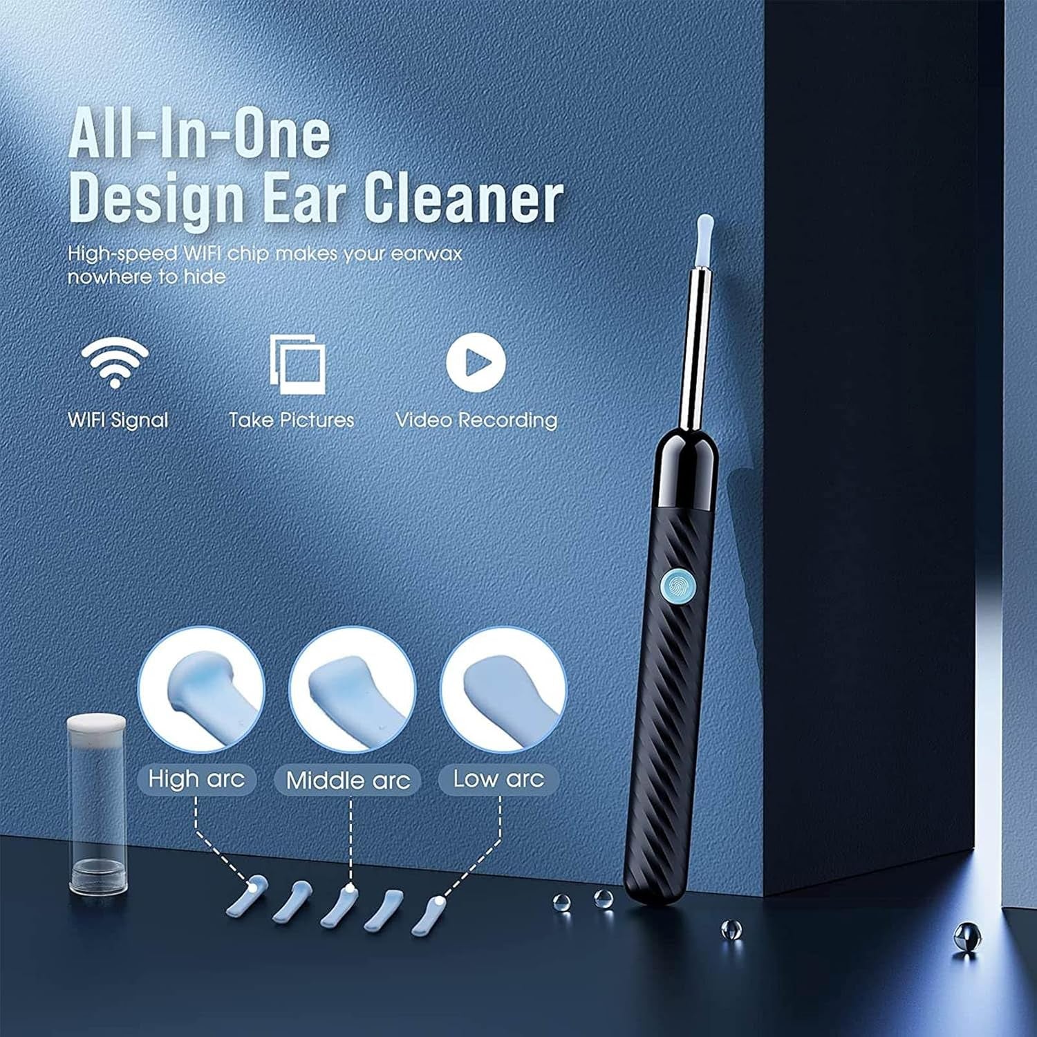 Ear Wax Removal Tool with Camera & Light – 8-Piece Earwax Remover Kit, 6 Ear Spoons, Compatible with iOS & Android (Black)