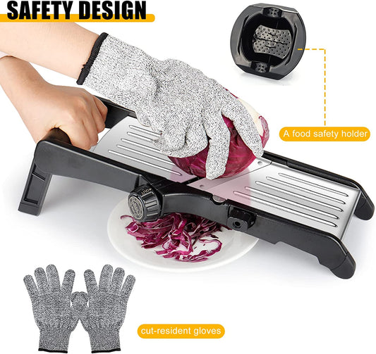 Mandoline Food Slicer for Kitchen, Adjustable Stainless Steel Mandoline Vegetable Slicer, Food Slicer Onion Potato Chip French Fry, 7 In-1 Adjustable Blade, Including 1 Pair Cut-Resistant Gloves