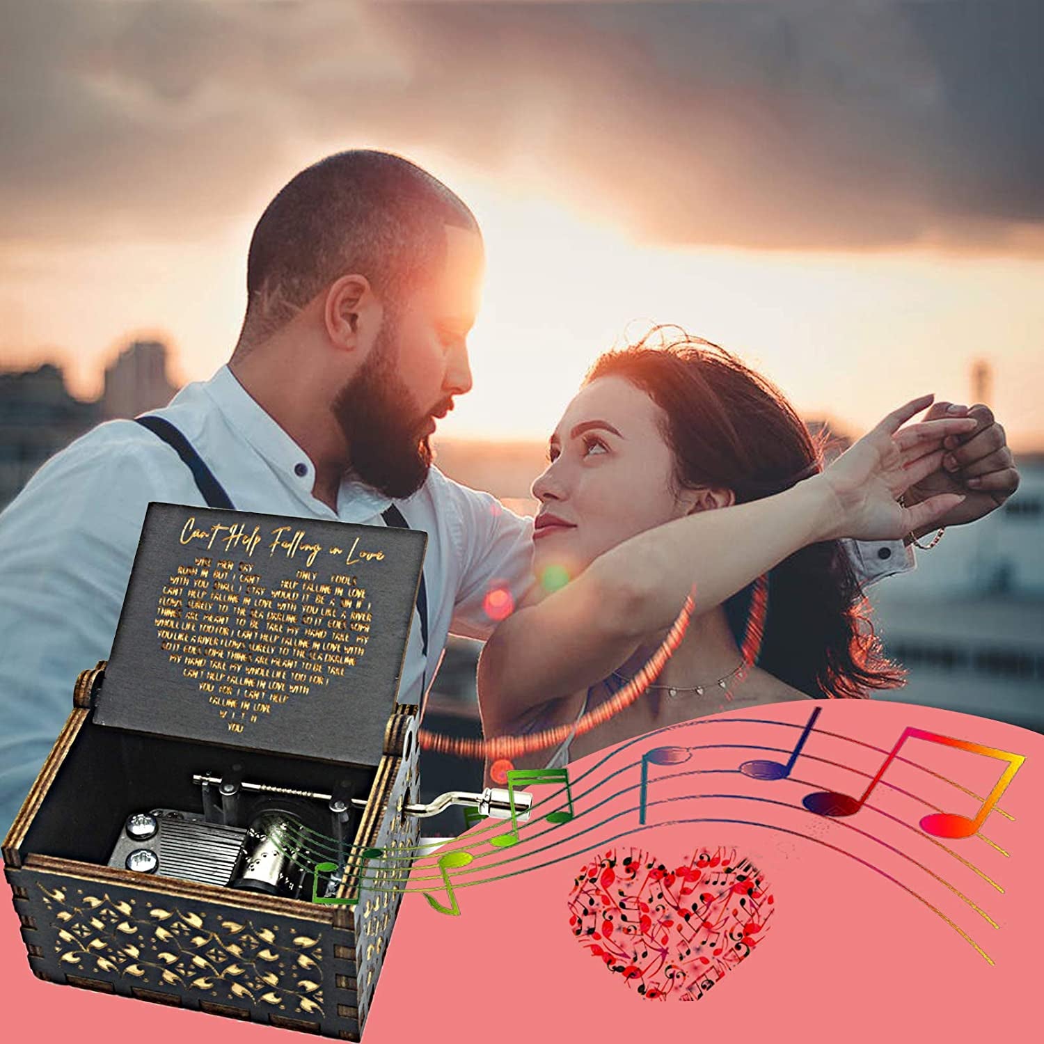 Can'T Help Falling in Love Wood Music Box, Antique Engraved Musical Boxes Case for Love One Wooden Music Box - Gifts for Lover, Boyfriend, Girlfriend, Husband, Wife (BLACK)