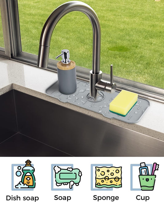 Kitchen Sink Splash Guard - Silicone Faucet Handle Drip Catcher Tray, Dish Soap Dispenser and Sponge Holder Mat behind Faucet, Kitchen Gadgets Sink Accessories for Kitchen Counter and Bathroom