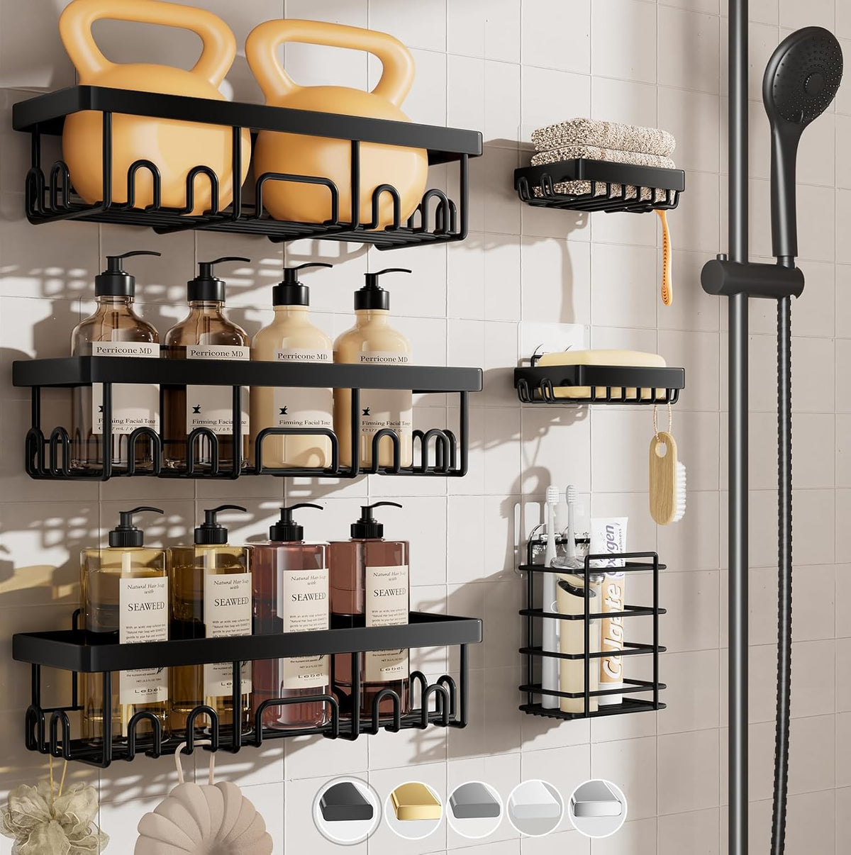 Stainless Steel Shower Caddy 6-Pack, Adhesive Rustproof Shelves Rack with Soap Holder, Large Capacity Bathroom Organizers and Storage, No Drilling Wall-Mounted Kitchen & Home Decor, Bath Decor