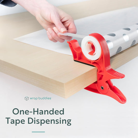 Wrapping Paper Clamps - 2 Gift Wrapping Paper Holder Clamps with Integrated Tape Dispensers, Simple Gift Wrap Table Clamps, Wrapping Paper Holder Clips and Tape Dispensers (Cherry Red)