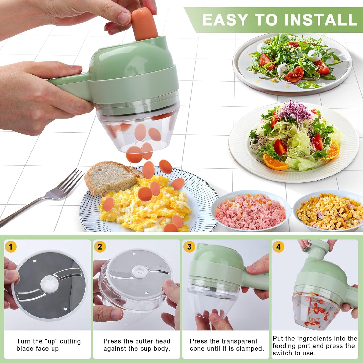 Electric Vegetable Slicer Set,  4 in 1 Handheld Electric Vegetable Cutter Wireless Food Processor for Garlic Pepper Chili Onion Celery Ginger Meat with Brush