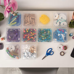 USA Plastic Pencil Case Box Craft Hobby Art School Supply Storage Organizer Container with Latching Lid, 10-Pack, for Bead Pens Ribbons Wahi Tape Sticker Yarn Ornaments, Stackable, Clear, Small