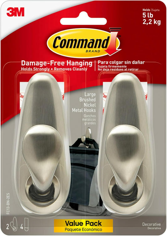 5 Lb Large Brushed Nickel Metal Hooks, 2 Hooks and 4  Strips, Damage Free Coat Hooks with Adhesive Strips, Forever Classic Hooks for Hanging Home Decor and Room Decor