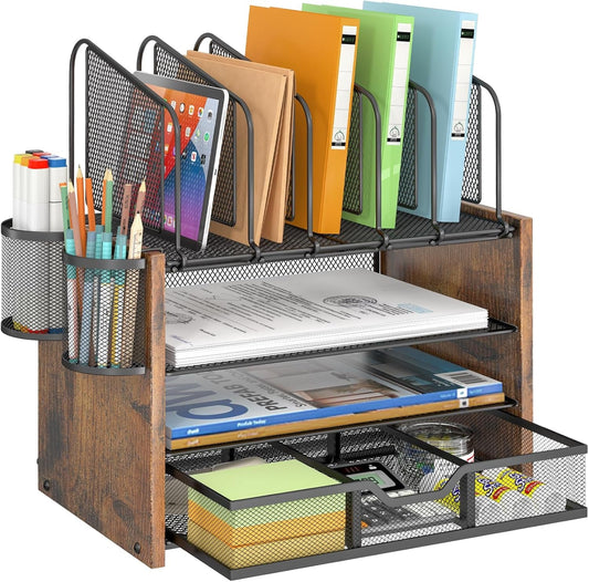 4-Tier Mesh Desk Organizer – Wooden Desktop File Holder with Vertical Slots & Drawer