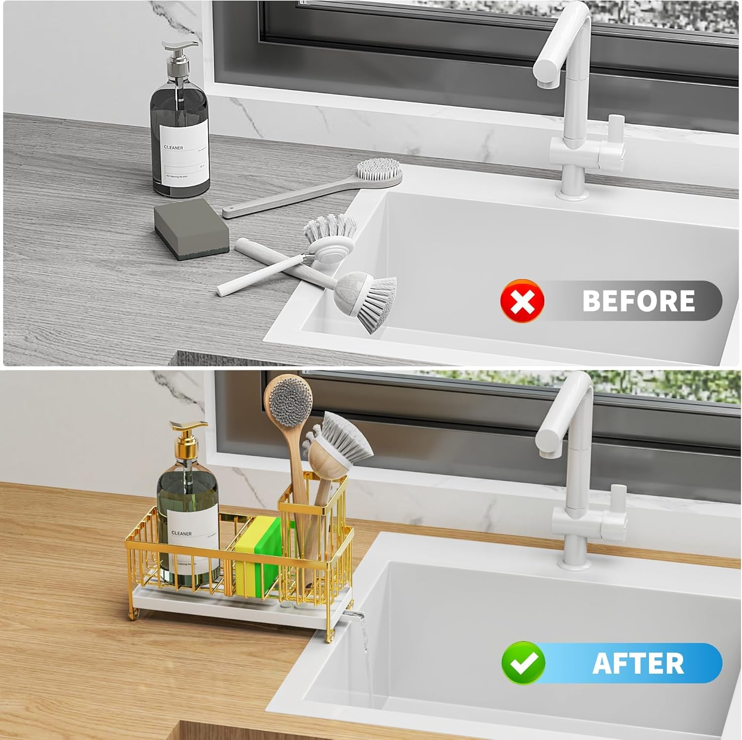 Sponge Holder for Kitchen Sink, Sink Caddy with High Brush Holder, Organzier Rustproof 304 Stainless Steel Dish Organizer Divider, Soap Dispenser Storage(Gold)
