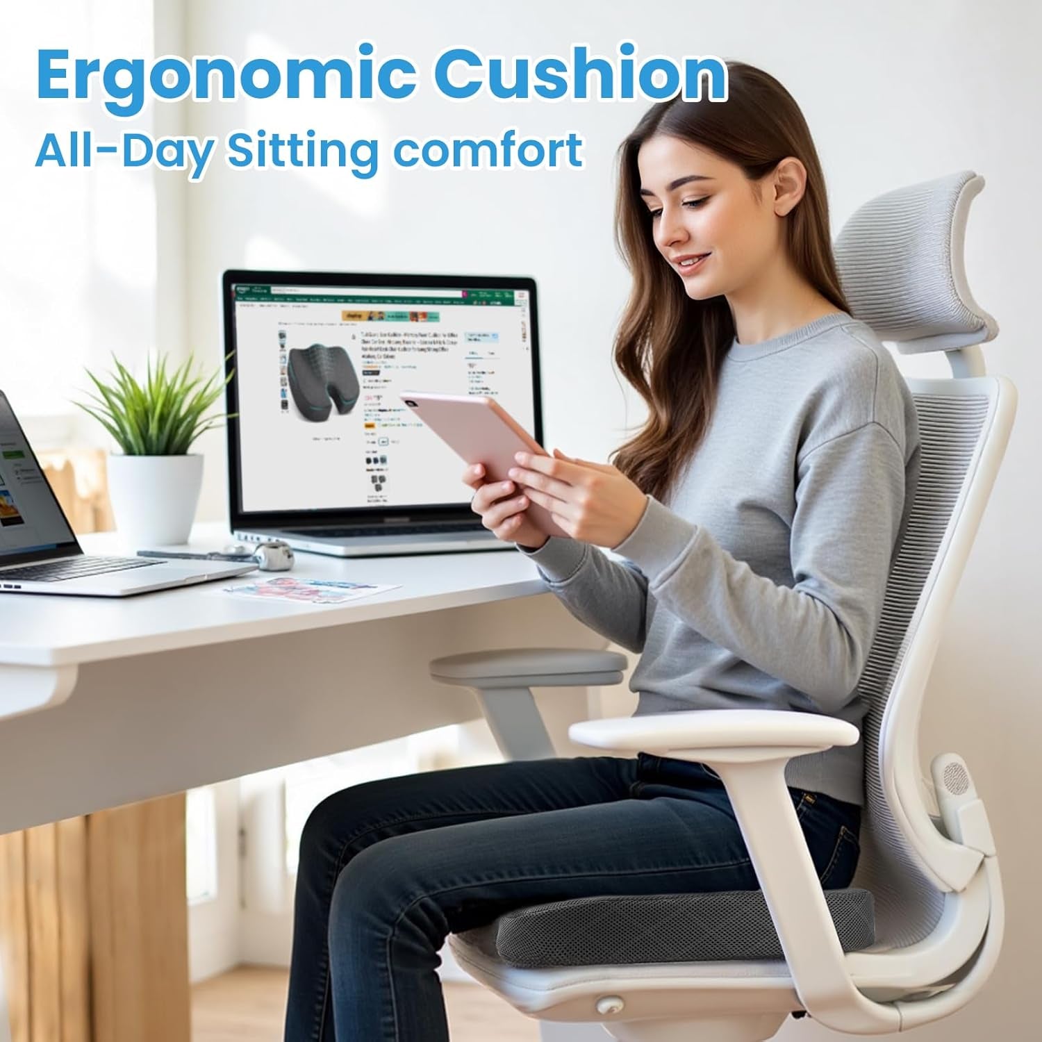 Seat Cushion - Memory Foam Cushion for Office Chair, Car Seat, Airplane, Bleacher - Sciatica & Hip & Coccyx Pain Relief Desk Chair Cushion for Long Sitting Office Workers, Car Drivers