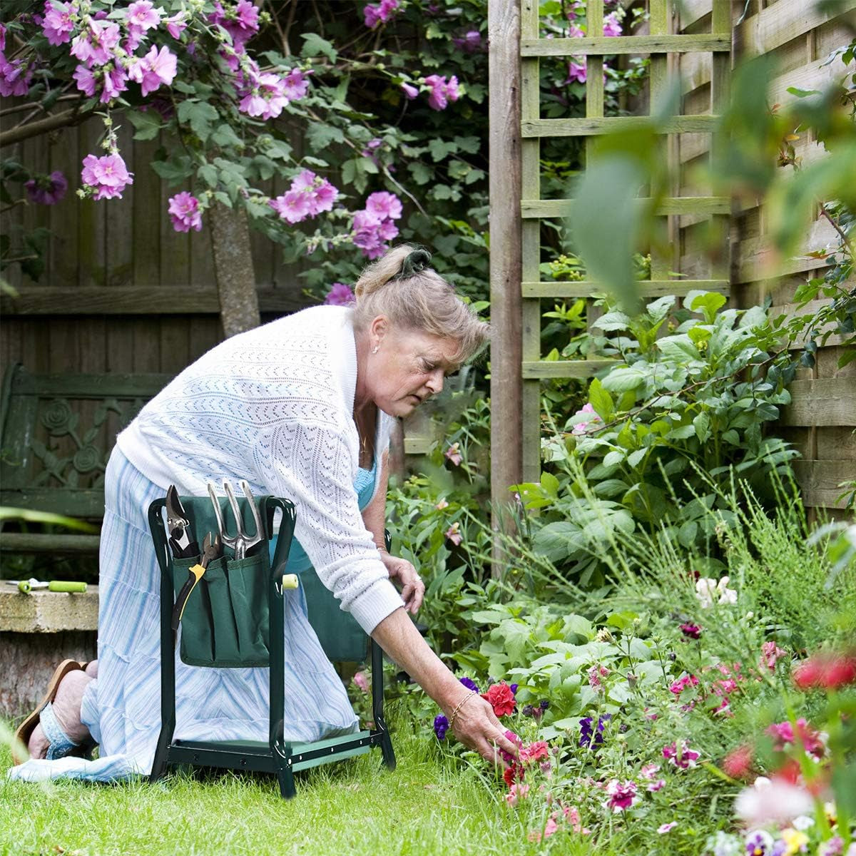 2-In-1 Garden Kneeler and Seat, Folding Garden Seat W/Eva Foam Kneeling Pad & Removable Tools Pouch, Sturdy Steel Frame, No Assembly, Portable Heavy Duty Garden Stool for Women Men Seniors