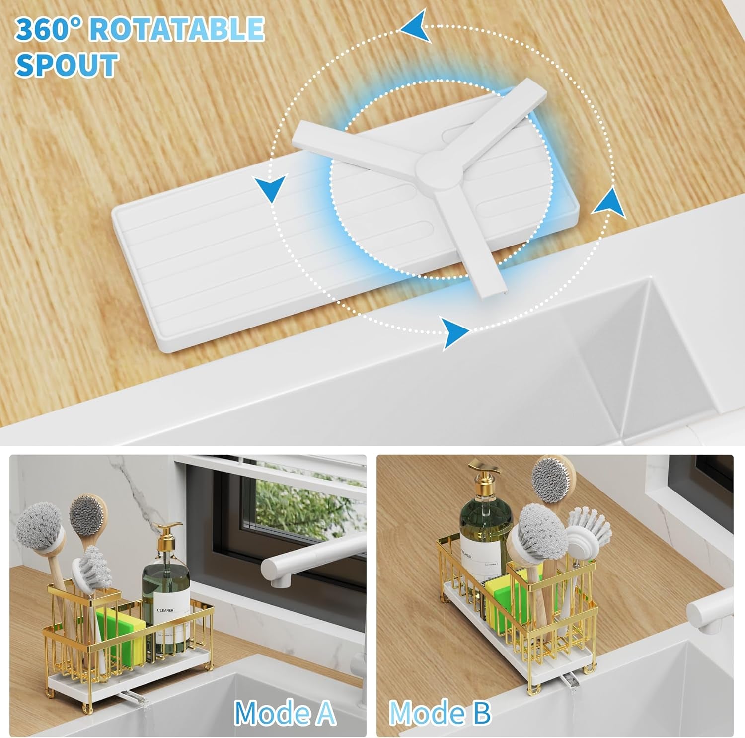 Sponge Holder for Kitchen Sink, Sink Caddy with High Brush Holder, Organzier Rustproof 304 Stainless Steel Dish Organizer Divider, Soap Dispenser Storage(Gold)