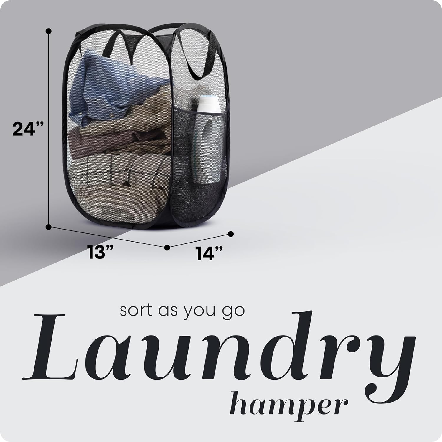 Collapsible Mesh Pop up Hamper with Wide Opening and Side Pocket – Breathable, Sturdy, Foldable, and Space-Saving Design for Clothes and Storage. (Black | 2-Pack)