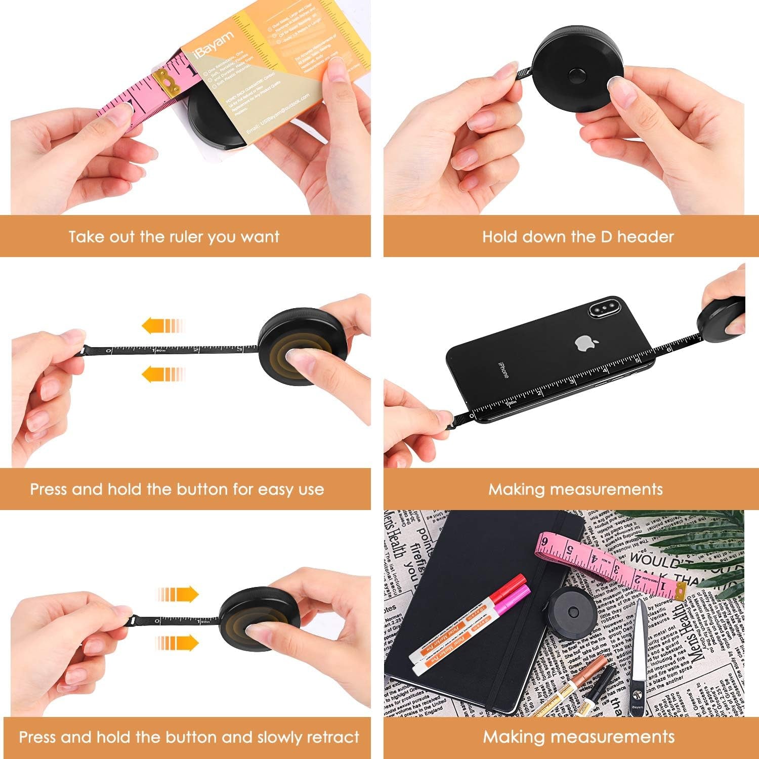 2 Pack Tape Measure Measuring Tape for Body Fabric Sewing Tailor Cloth Knitting Vinyl Home Craft Measurements, 60-Inch Soft Fashion Pink & Retractable Black Double Scales Rulers for Body Weight