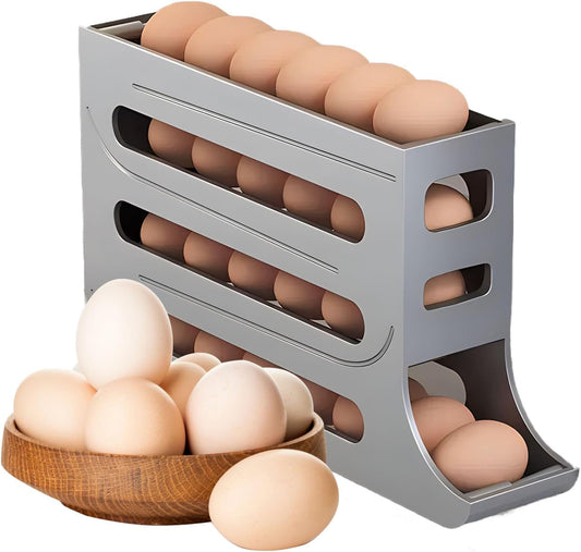 4-Tier 28-Egg Rolling Dispenser – Space-Saving Automatic Egg Organizer for Refrigerator, Kitchen, Cabinets & Countertop (Grey)
