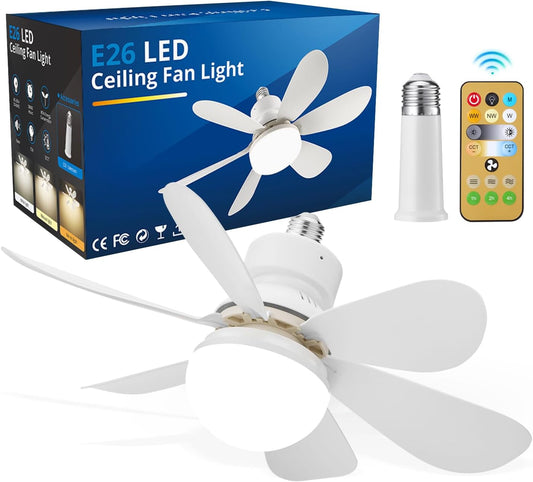 Screw in Ceiling Fan in Light Socket with Remote Control, Mini E26 Plug in Light Bulb Small Fan Fixtures Combo for Bathroom Bedroom Patio, Dimmable Warm Natural Cool White, 16.5 Inch