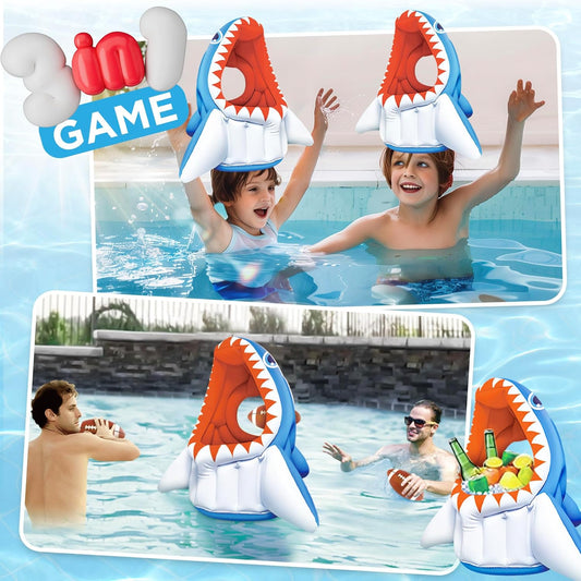 Pool Wave Kids Shark Pool Toy, 3-In-1 Inflatable Float Water Game Basketball Football Head Hoop Toss, Toddler Outdoor Summer Swimming Floating, Cool Family Party Gift Age 3 4 5 6 7 8 Year Old Boy Girl